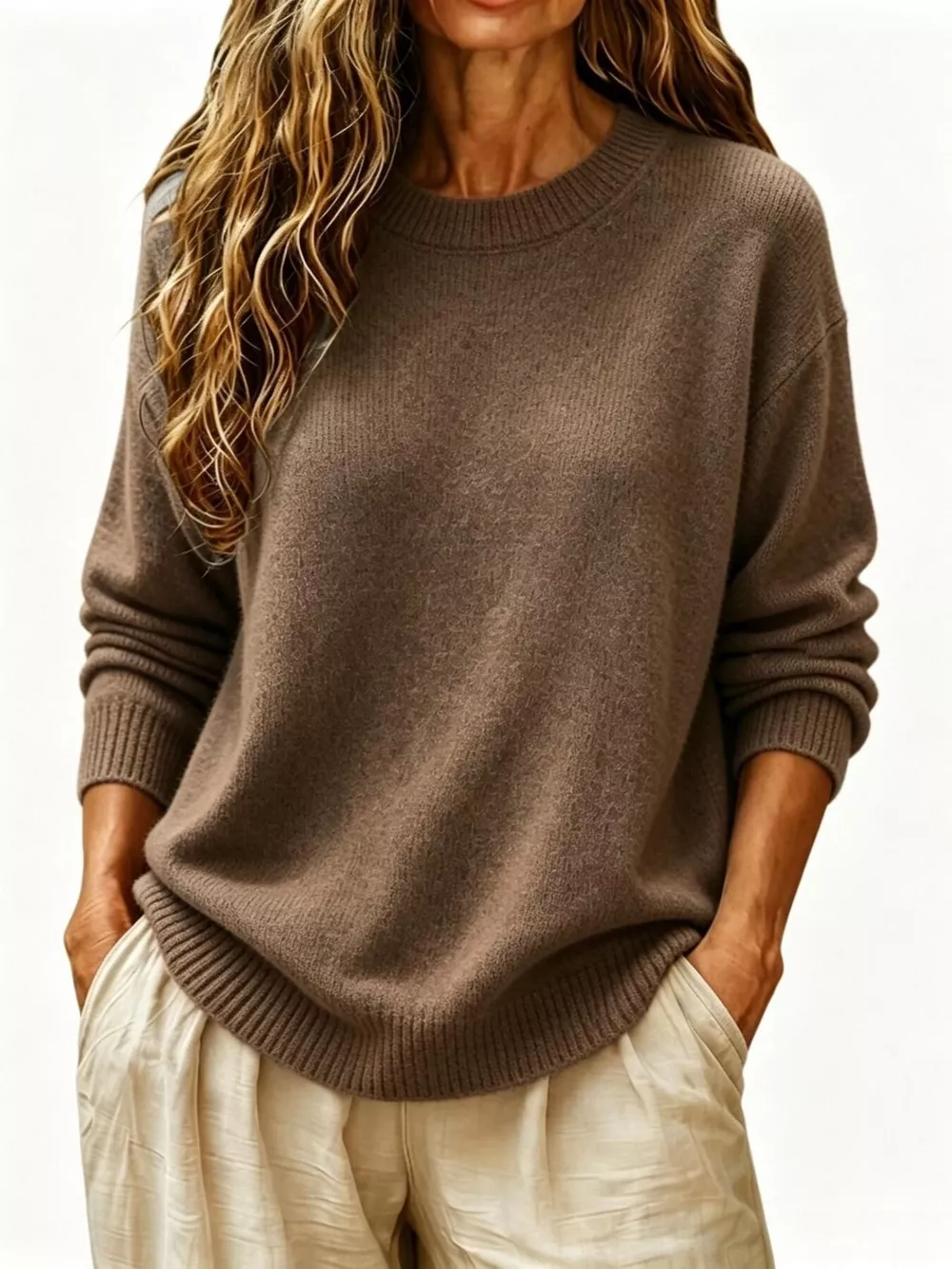 Full Size Round Neck Dropped Shoulder Sweater Plus Size, image 10