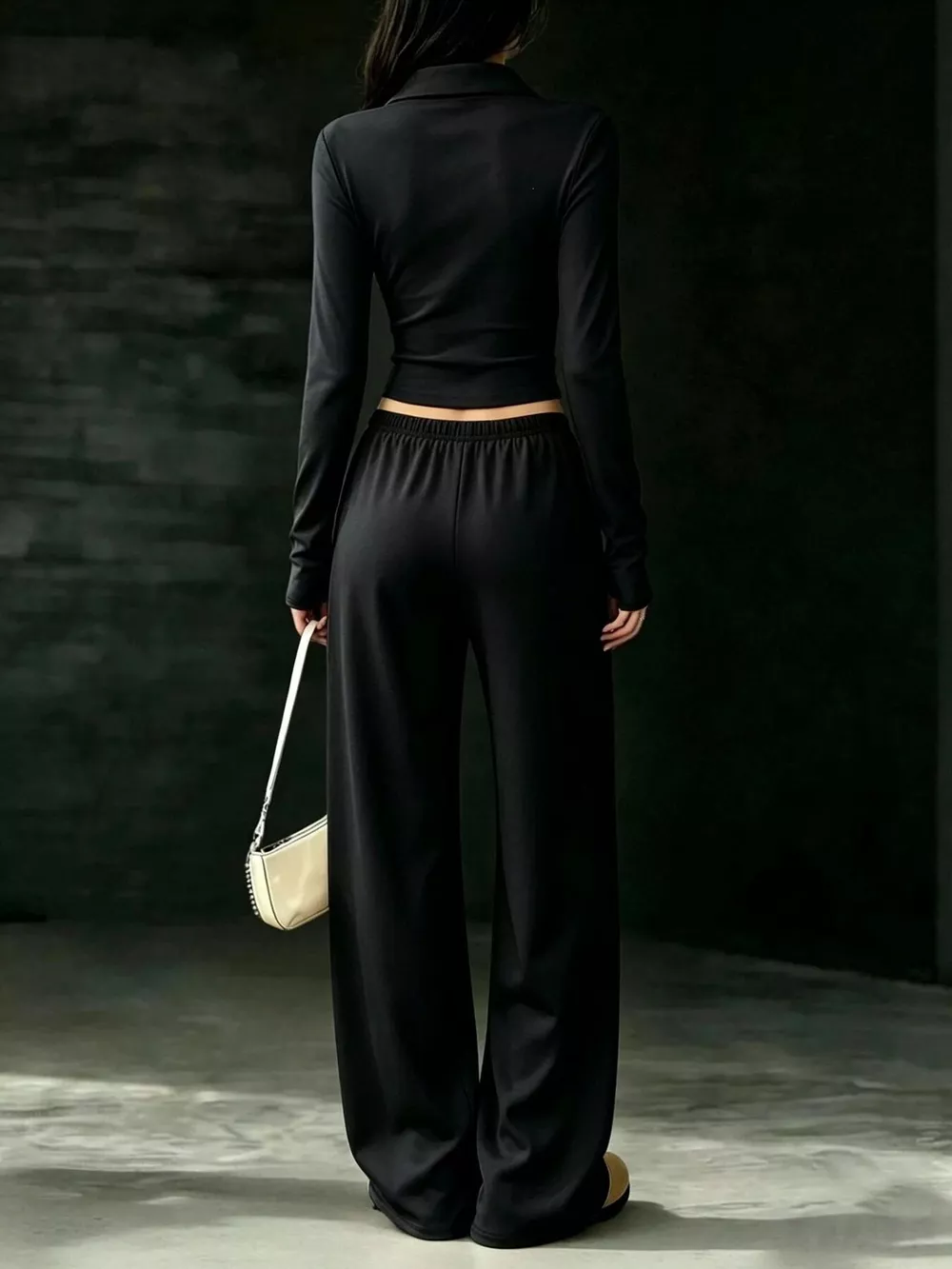 Solid Color Long Sleeve Polo Collar Top and Wide Leg Pants Set, image 10