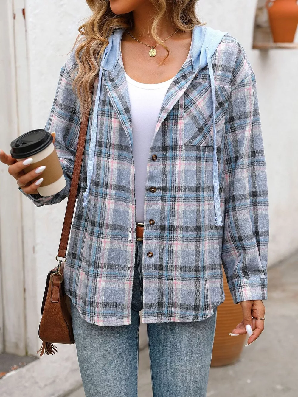 Hooded Plaid Button-Up Shirt, image 8