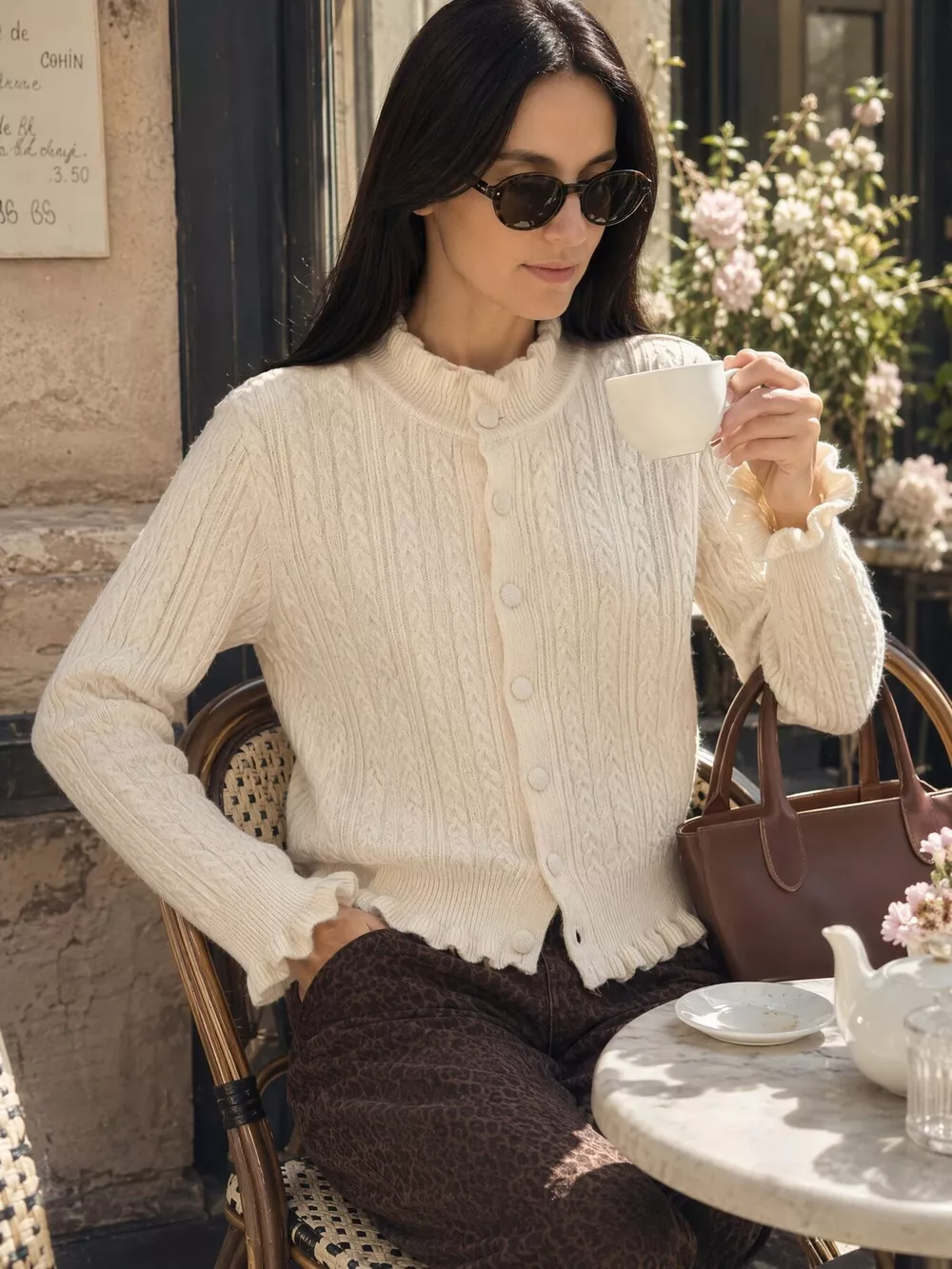Cable-Knit Ruffle-Trim Cardigan, image 2