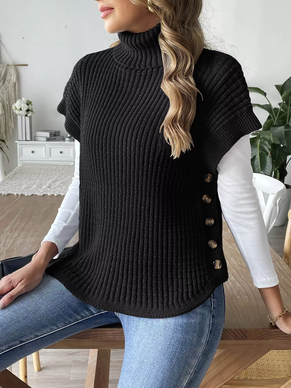 Turtleneck Side Decor Button Sweater Vest, image 5