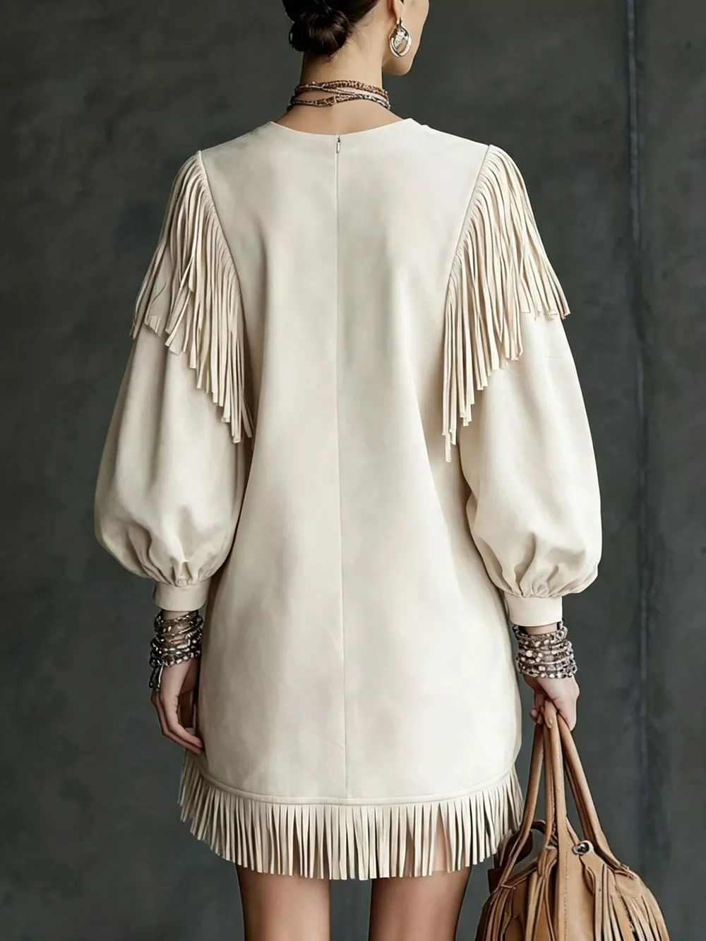 Fringe Detail Lantern Sleeve Mini Dress, image 9