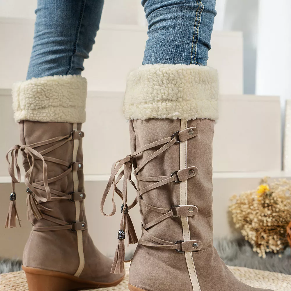 Faux Fur Lined Suede Wedge Boots with Lace-Up Detail, image 2