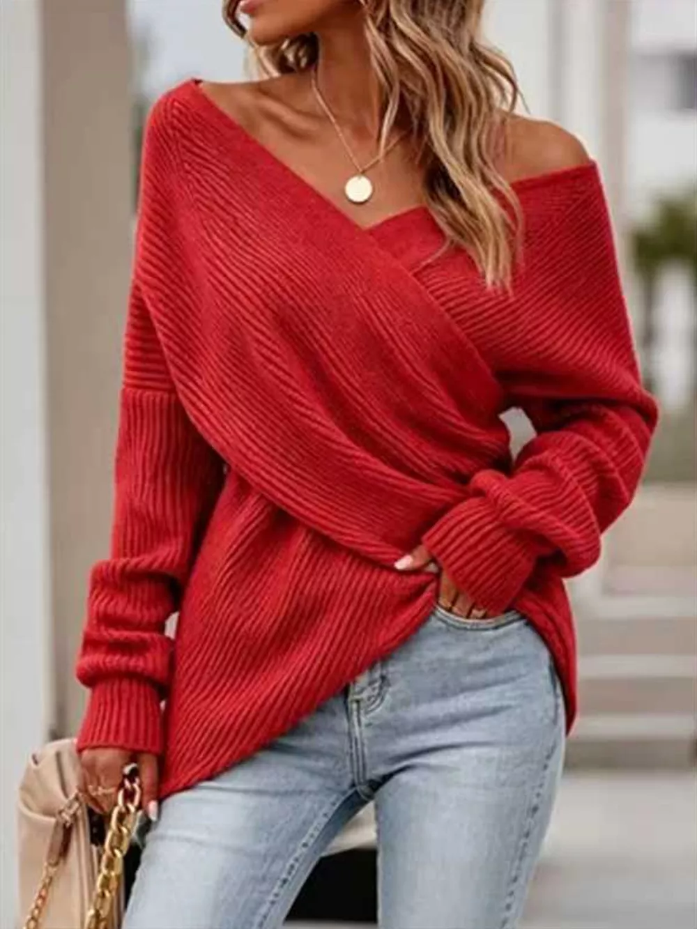 Crisscross Ribbed Knit Long Sleeve Sweater, image 9