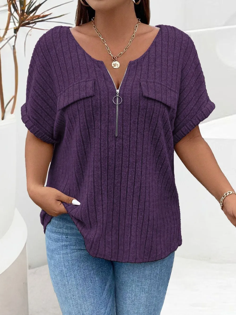 Plus Size Ribbed Half Zip Relaxed Fit T-Shirt, image 2