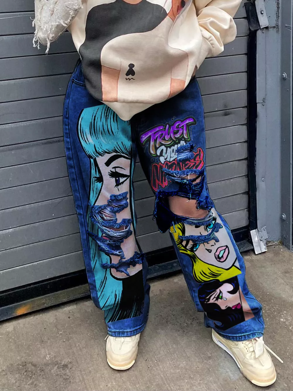 Full Size Pop Art Graphic Distressed Wide-Leg Jeans Plus Size, image 5