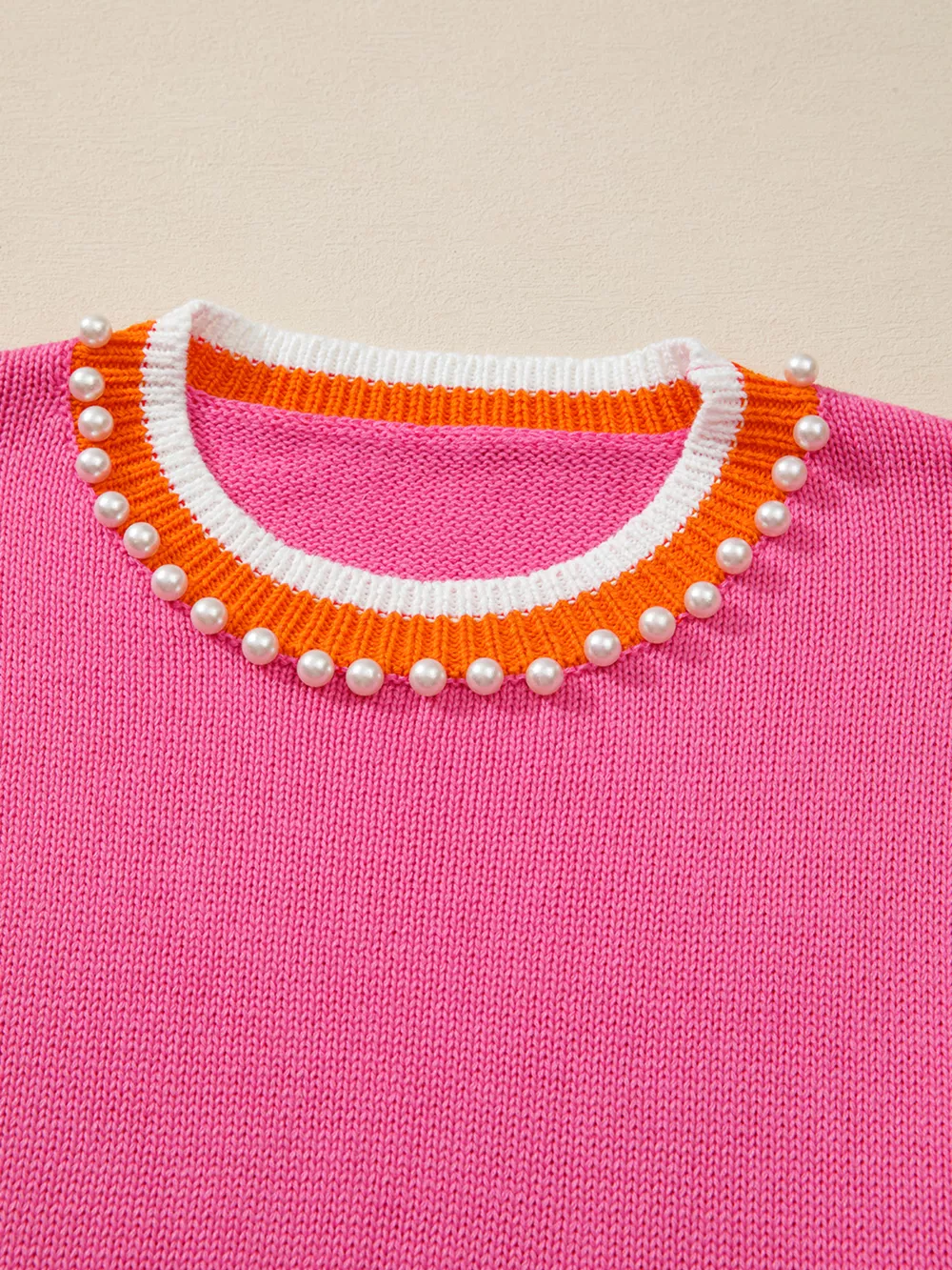 Contrast Crew Neck Pearled Decor Drop Shoulder Knit Sweater, image 2