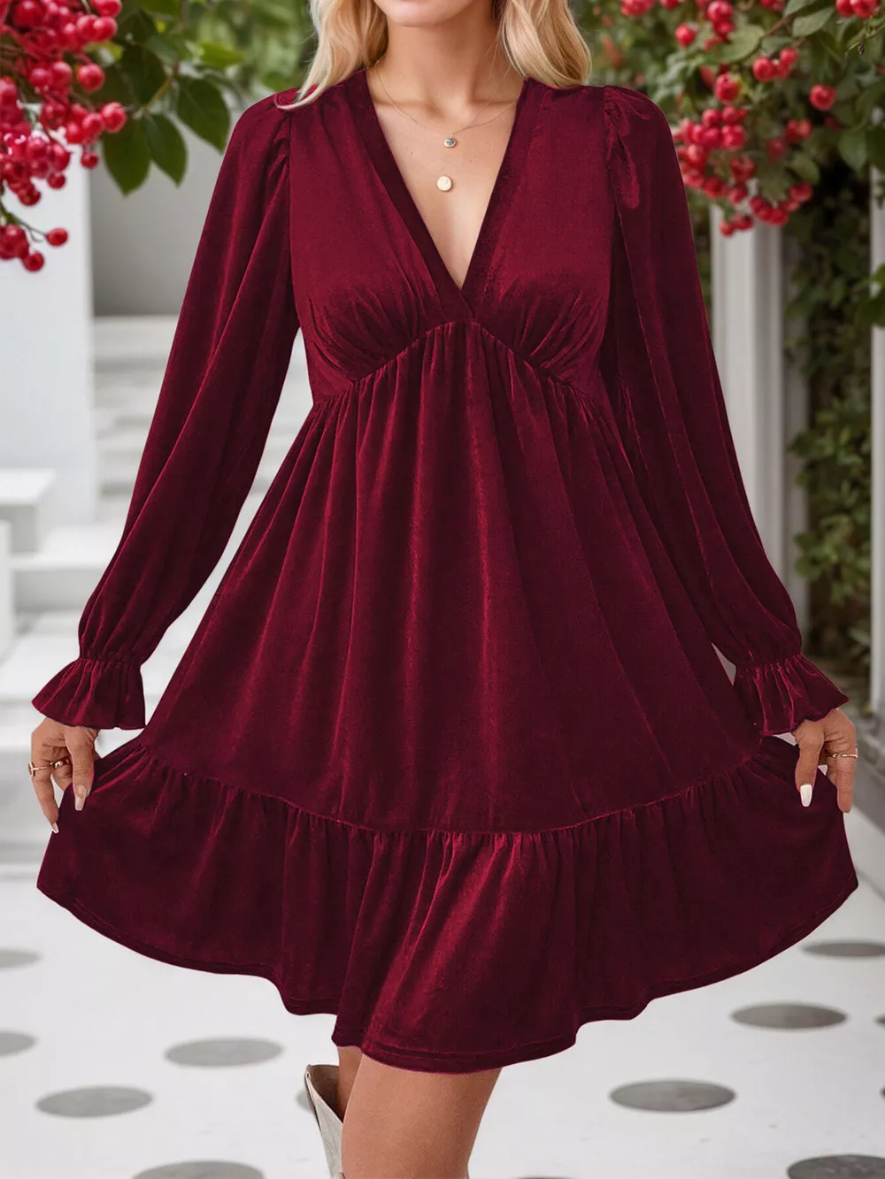 Velvet V-Neck Long Sleeve Ruffle Hem Mini Dress, image 2
