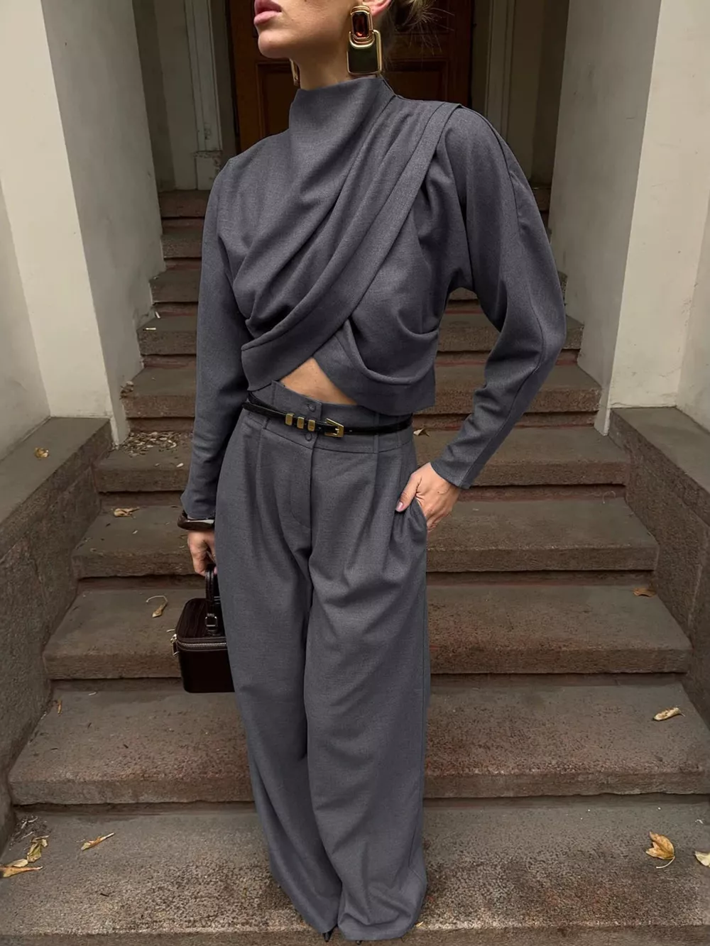 Draped Crop Top and Wide-Leg Pants Set, image 3