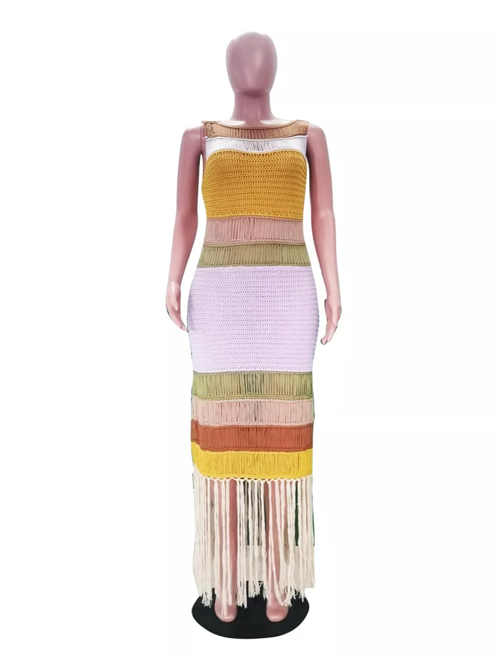 Fringe Crochet Knit Color Block Maxi Dress, image 7