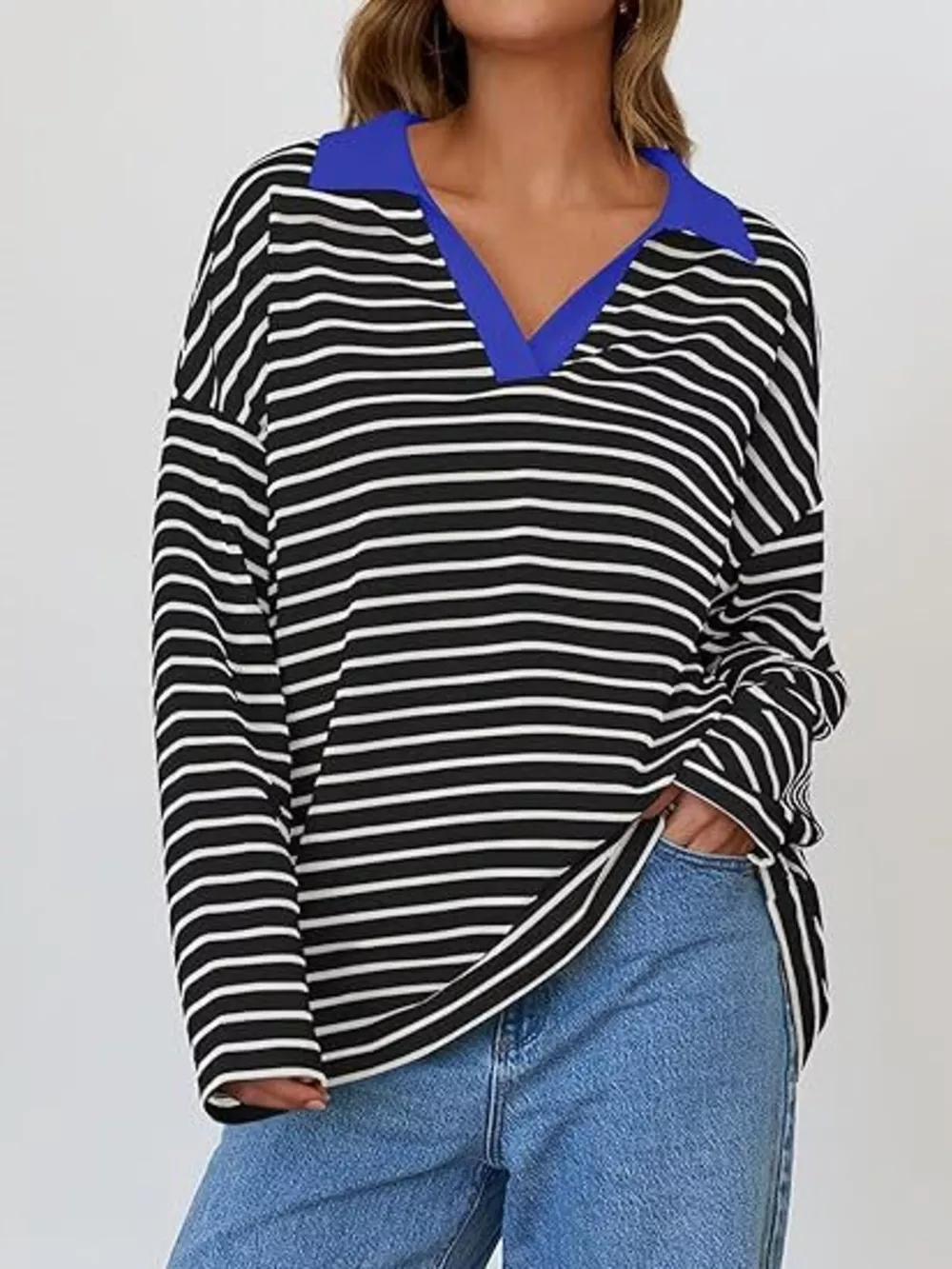Striped Contrast Collar Long Sleeve Top, image 4