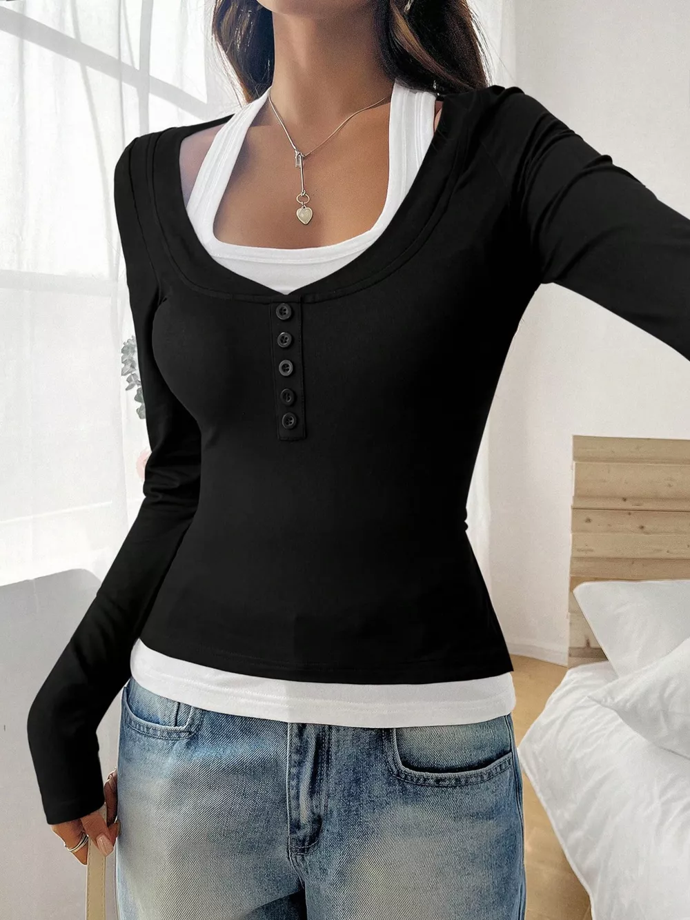 Scoop Neck Long Sleeve Fake Two-Piece T-Shirt, image 15