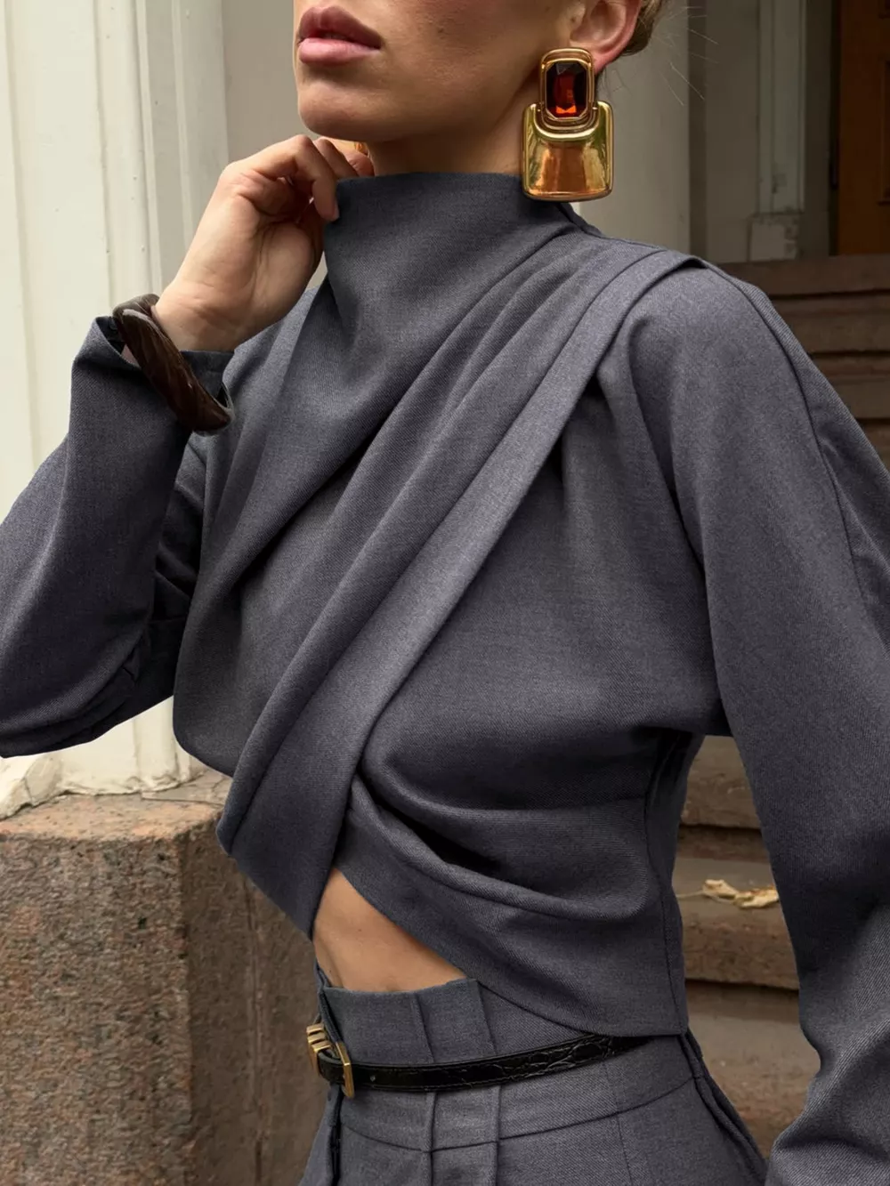 Draped Crop Top and Wide-Leg Pants Set, image 6