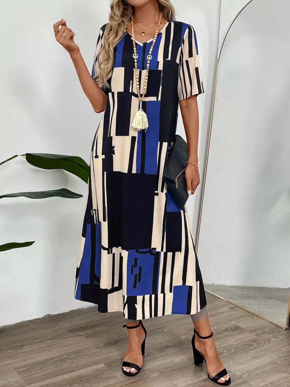 Abstract Geometric Print V-Neck Midi Dress, image 10
