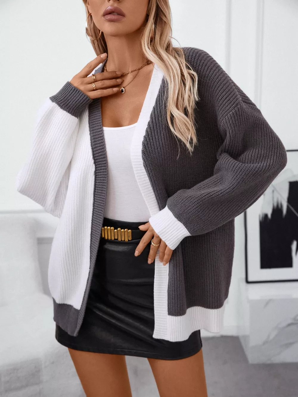Color Block Open Front Knit Cardigan, image 2
