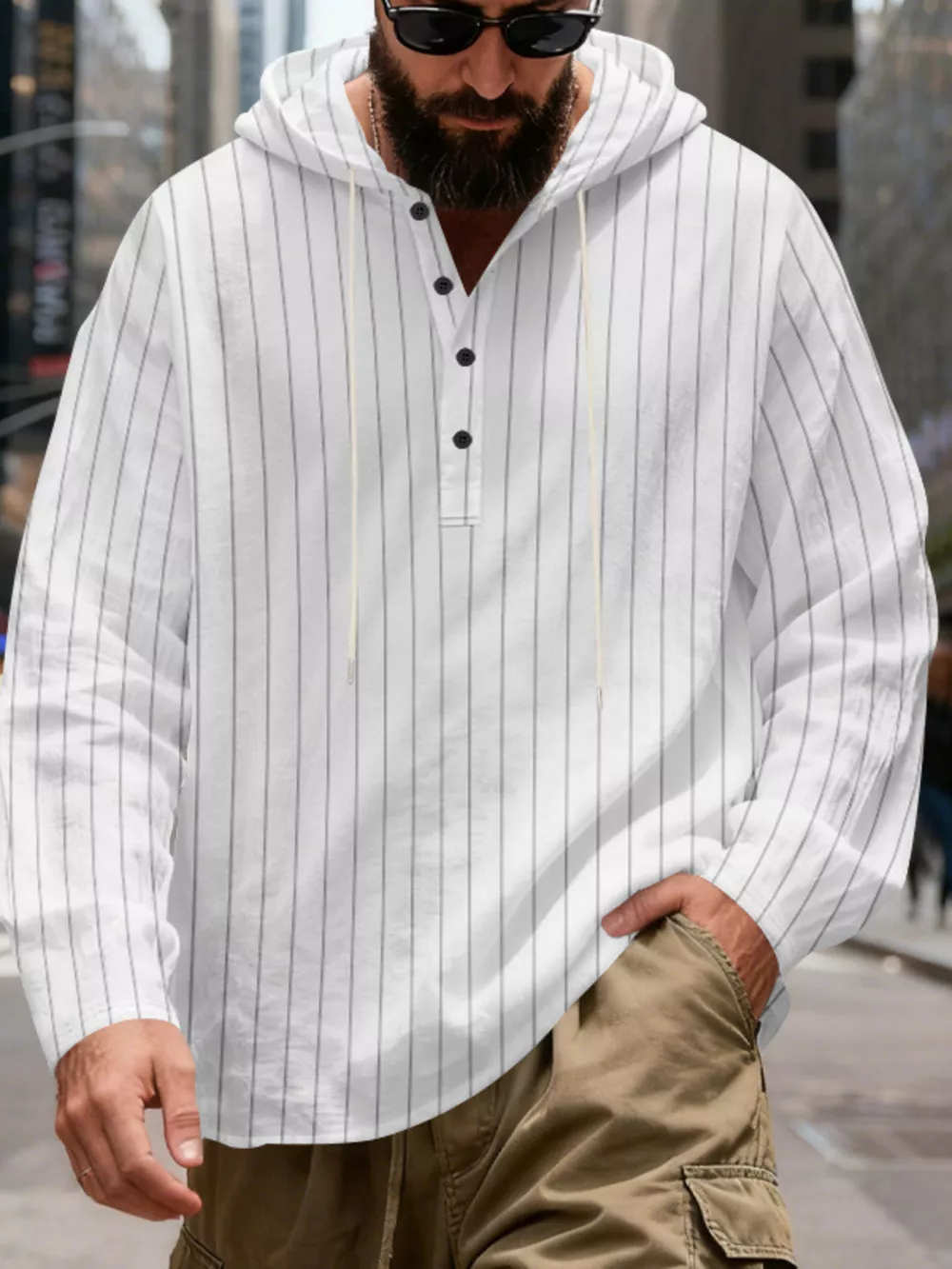 Men's Full Size Casual Striped Henley Hoodie with Drawstring Plus Size