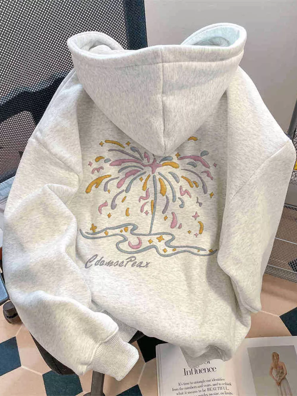Full Size Fireworks Graphic Kangaroo Pocket Hoodie Plus Size, image 2