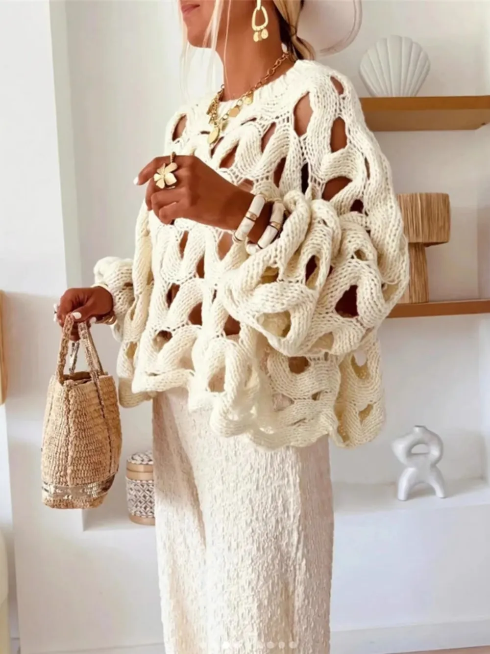 Chunky Cable Knit Hollow Out Sweater, image 2