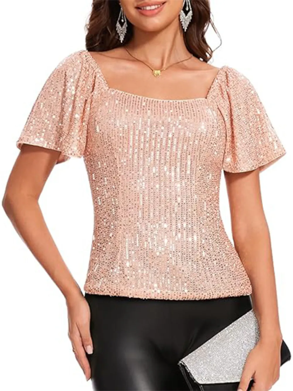 Square Neck Sequin Short Sleeve Blouse, image 11