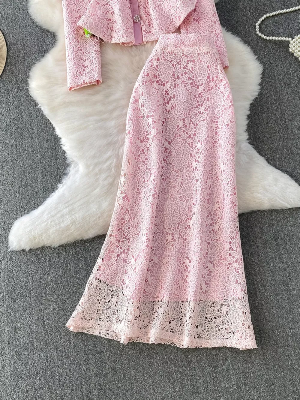 Lace Button Up Top and Skirt Set, image 4