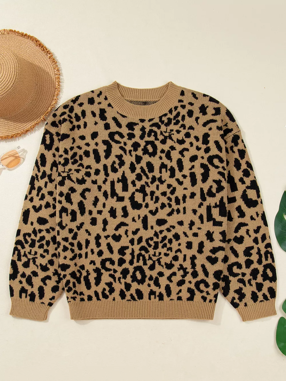 Ribbed Trim Round Neck Leopard Drop Shoulder Sweater, image 2
