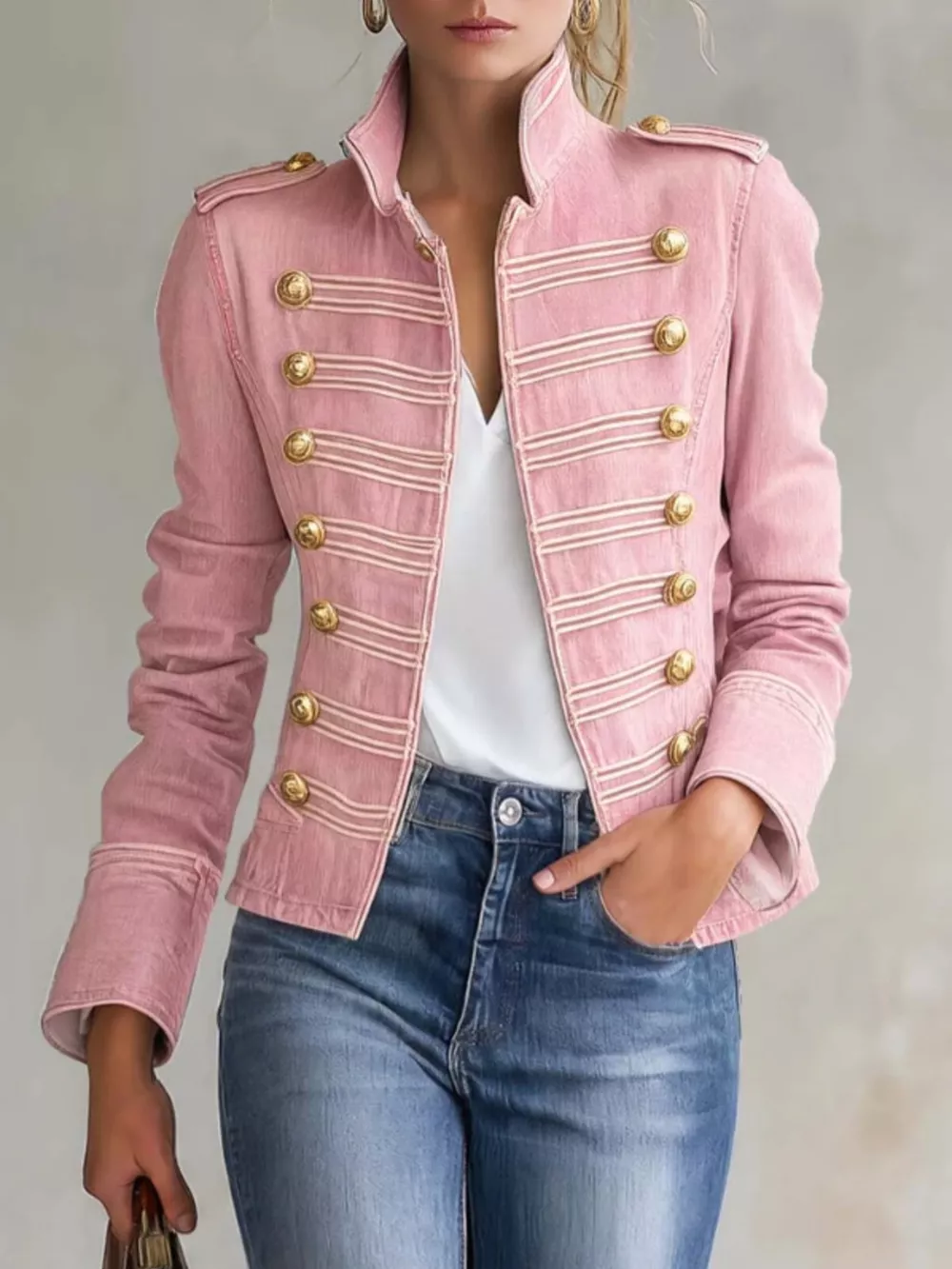 Military-Inspired Denim Jacket with Gold Button Detailing