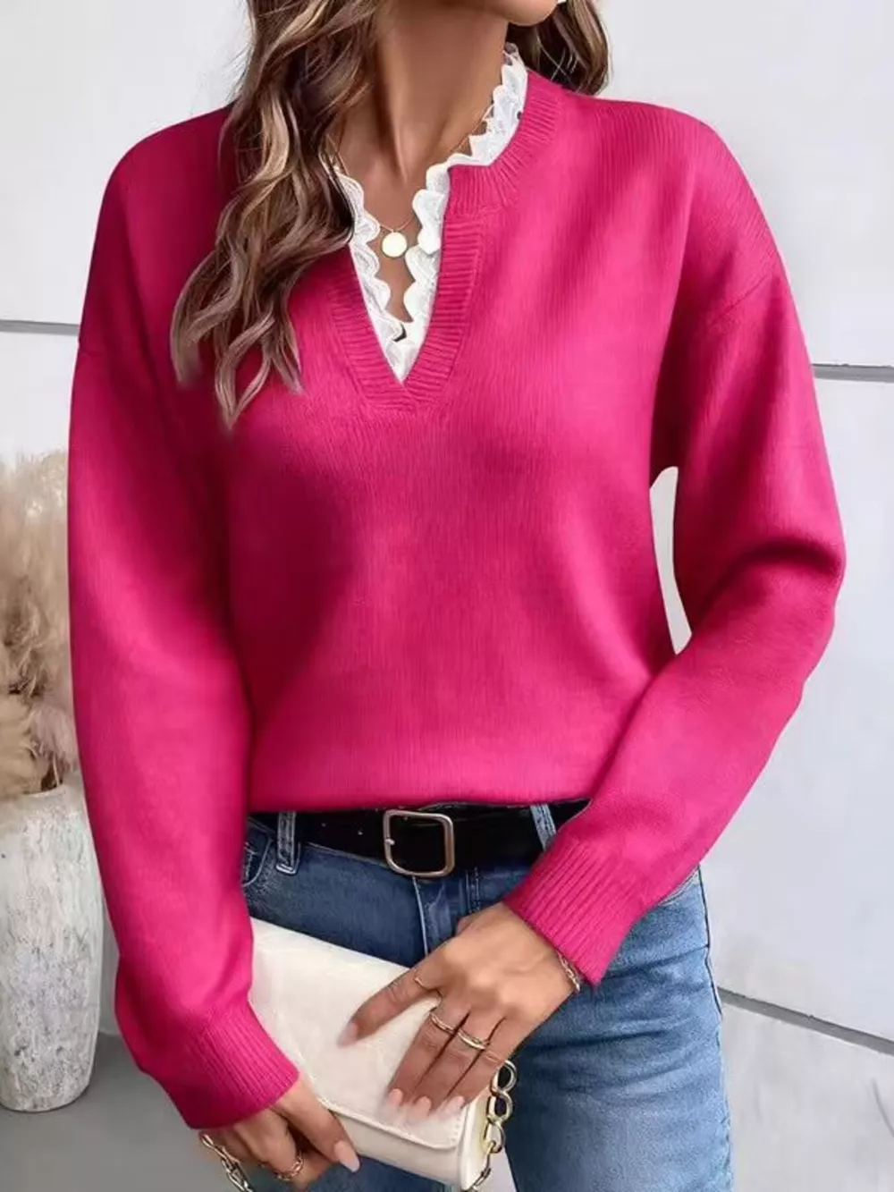 Lace Trim Dropped Shoulder Sweater, image 2