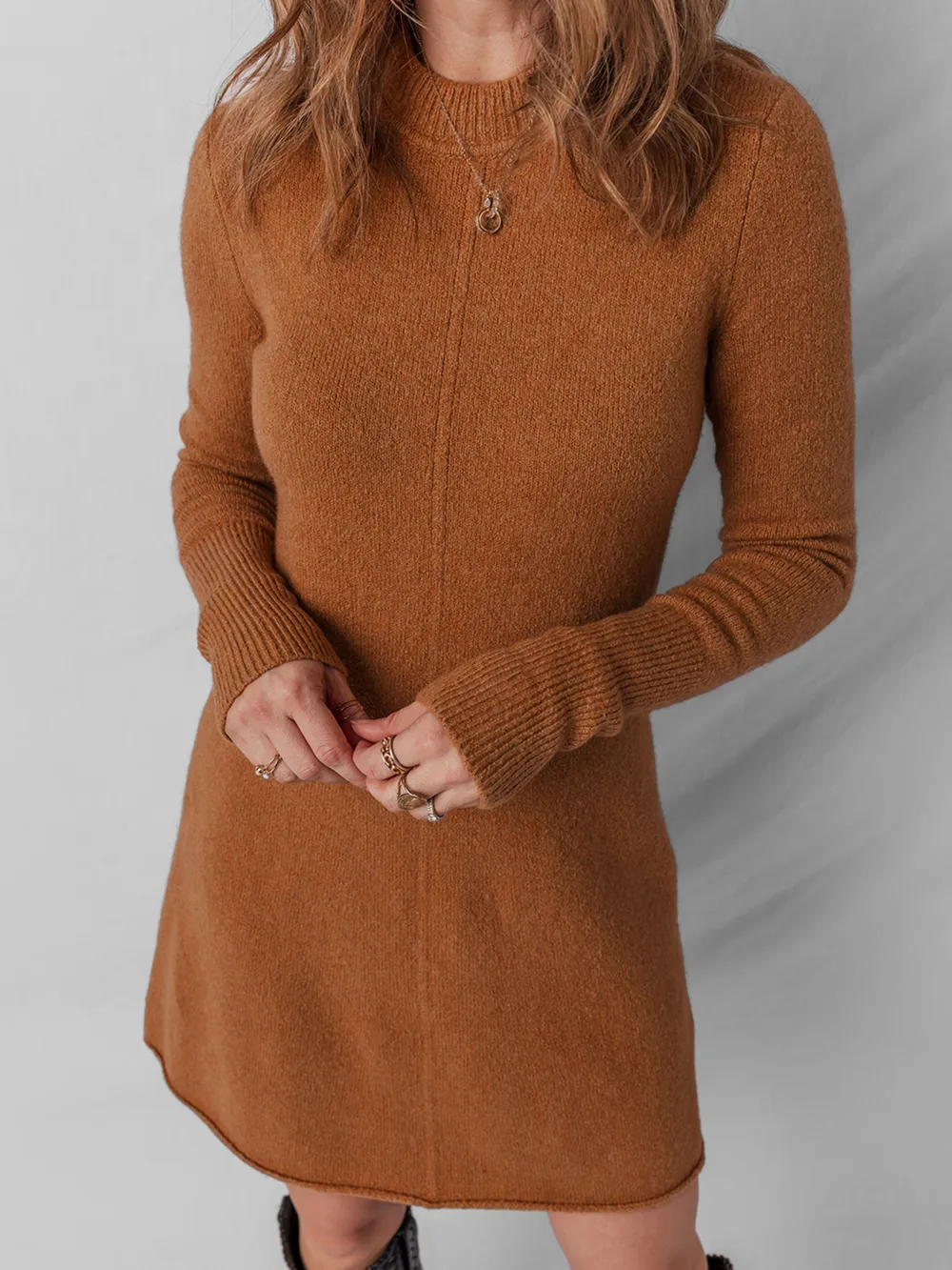 Ribbed Detail Solid Color Mini Sweater Dress, image 2