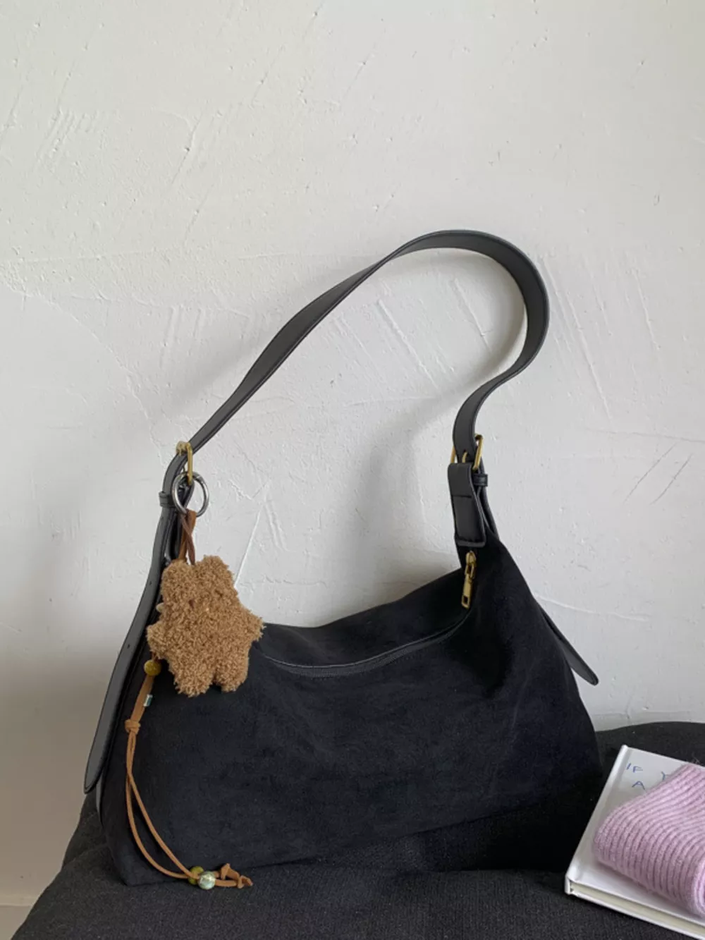 Solid Color Suede Hobo Crossbody Bag, image 2