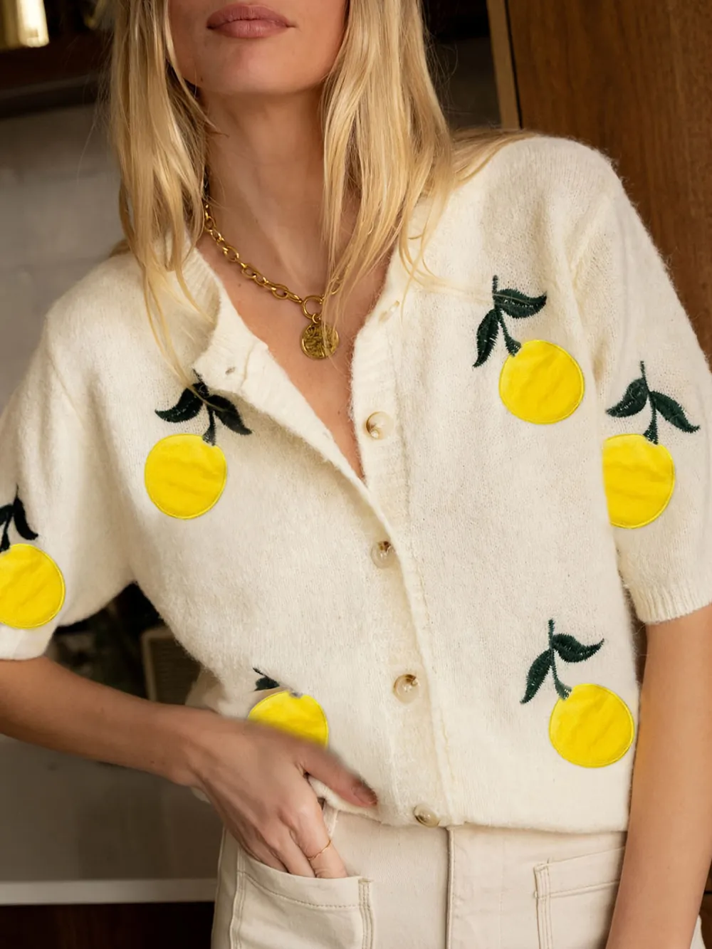 Lemon Button-Up Short Sleeve Cardigan, image 2