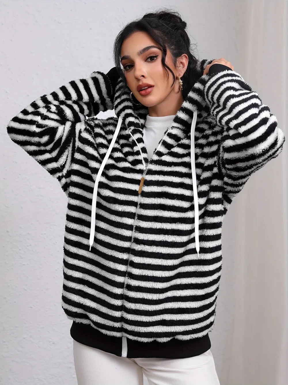 Striped Fuzzy Zip Up Hooded Outerwear, image 4