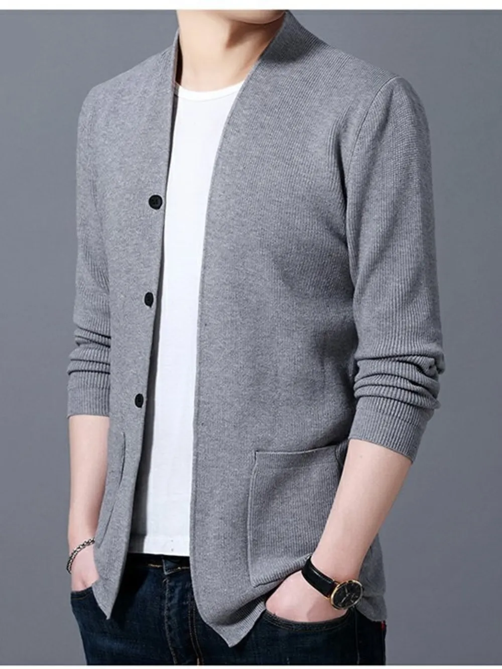 Men's Plus Size Long Sleeve Cardigan with Pockets, image 2