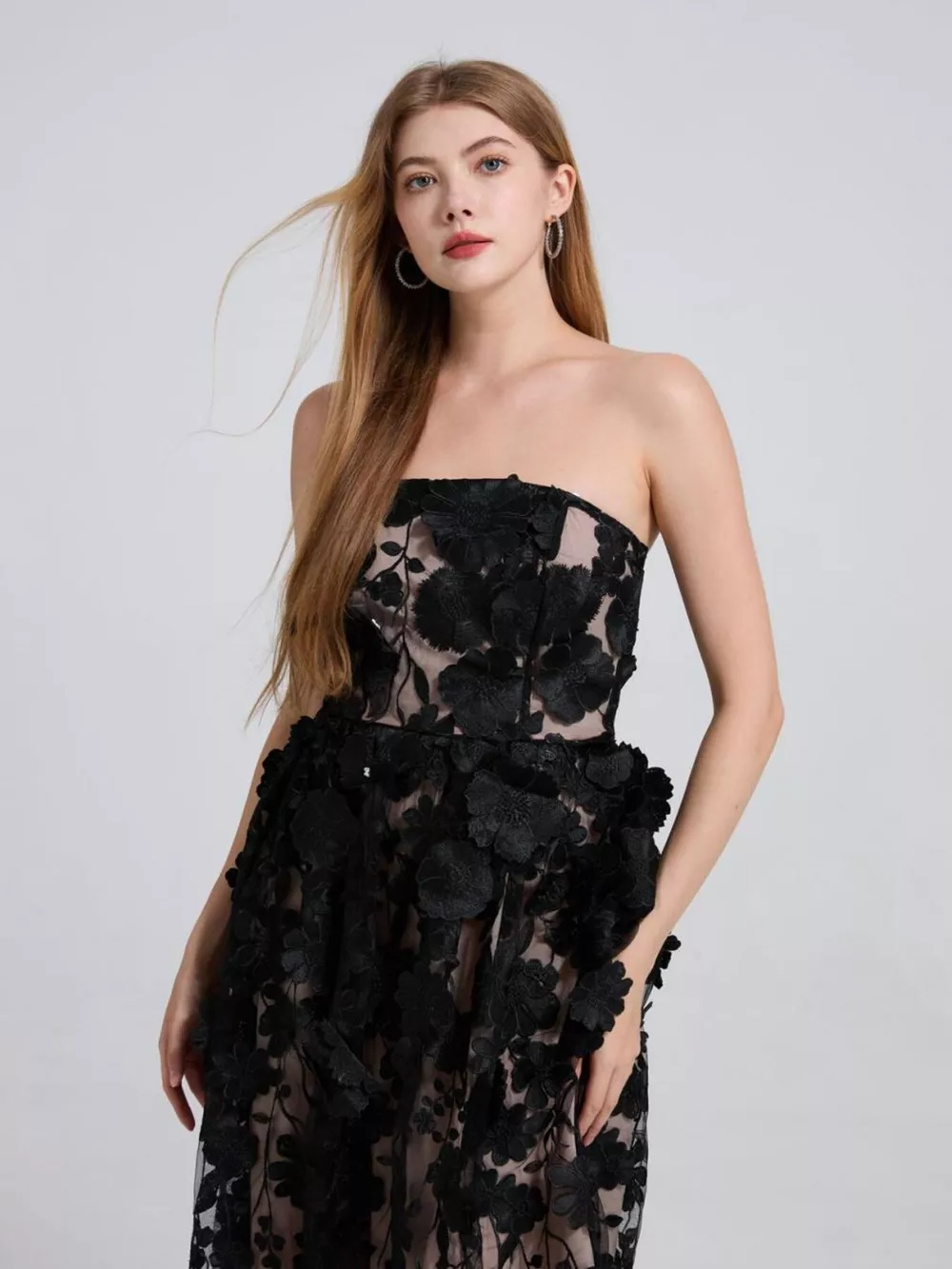 Floral Applique Strapless Midi Dress, image 7