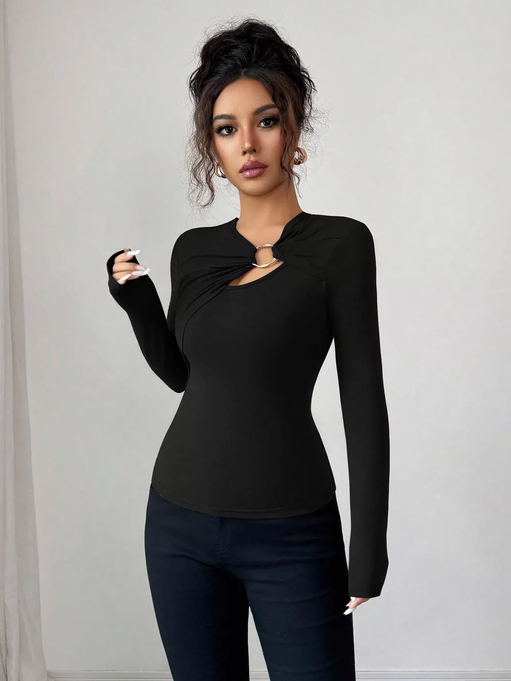 Twist Front Ring Detail Long Sleeve T-Shirt, image 13