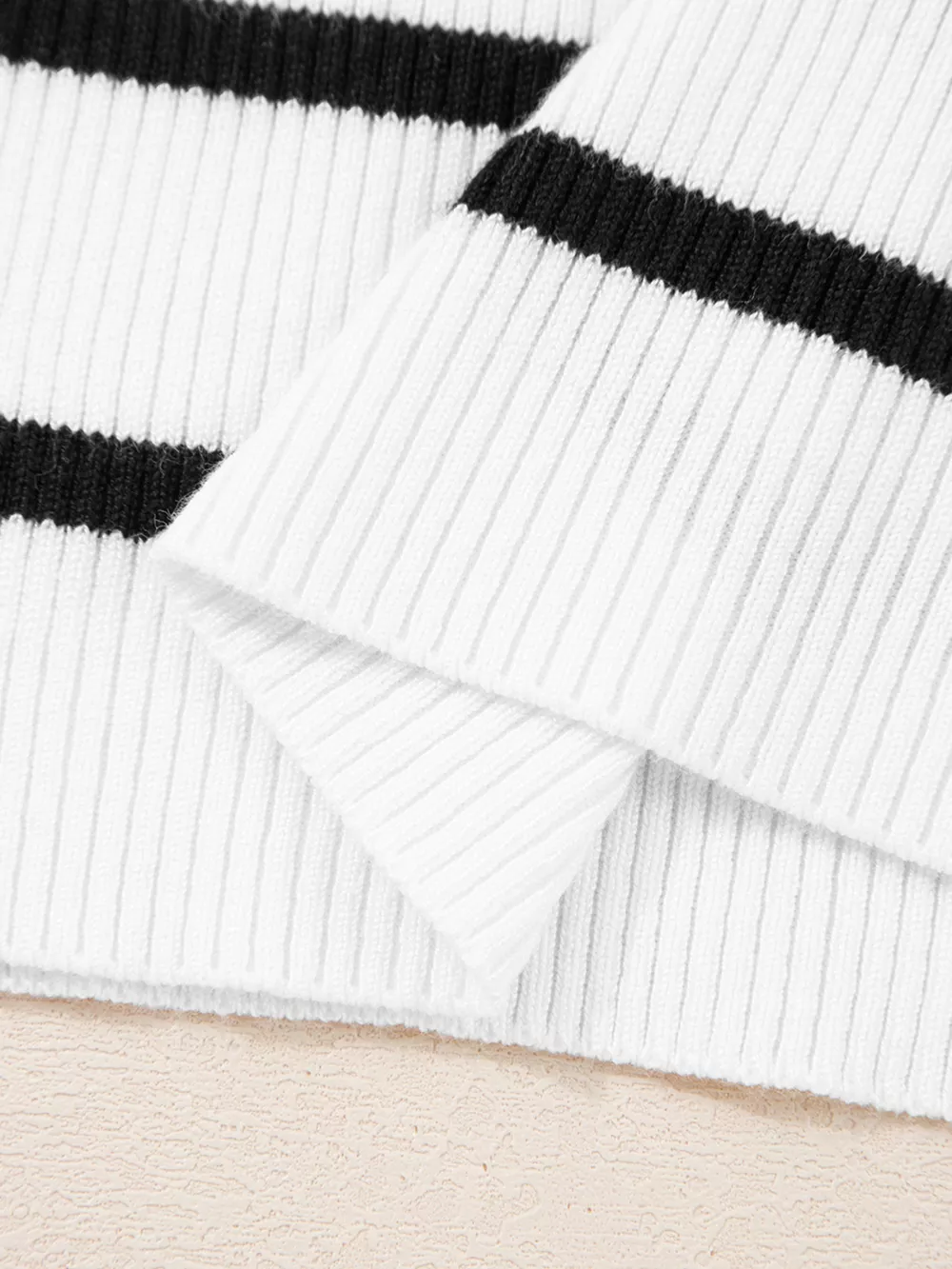 Scalloped Trim U Neck Striped Ribbed Slim Knit Top, image 2