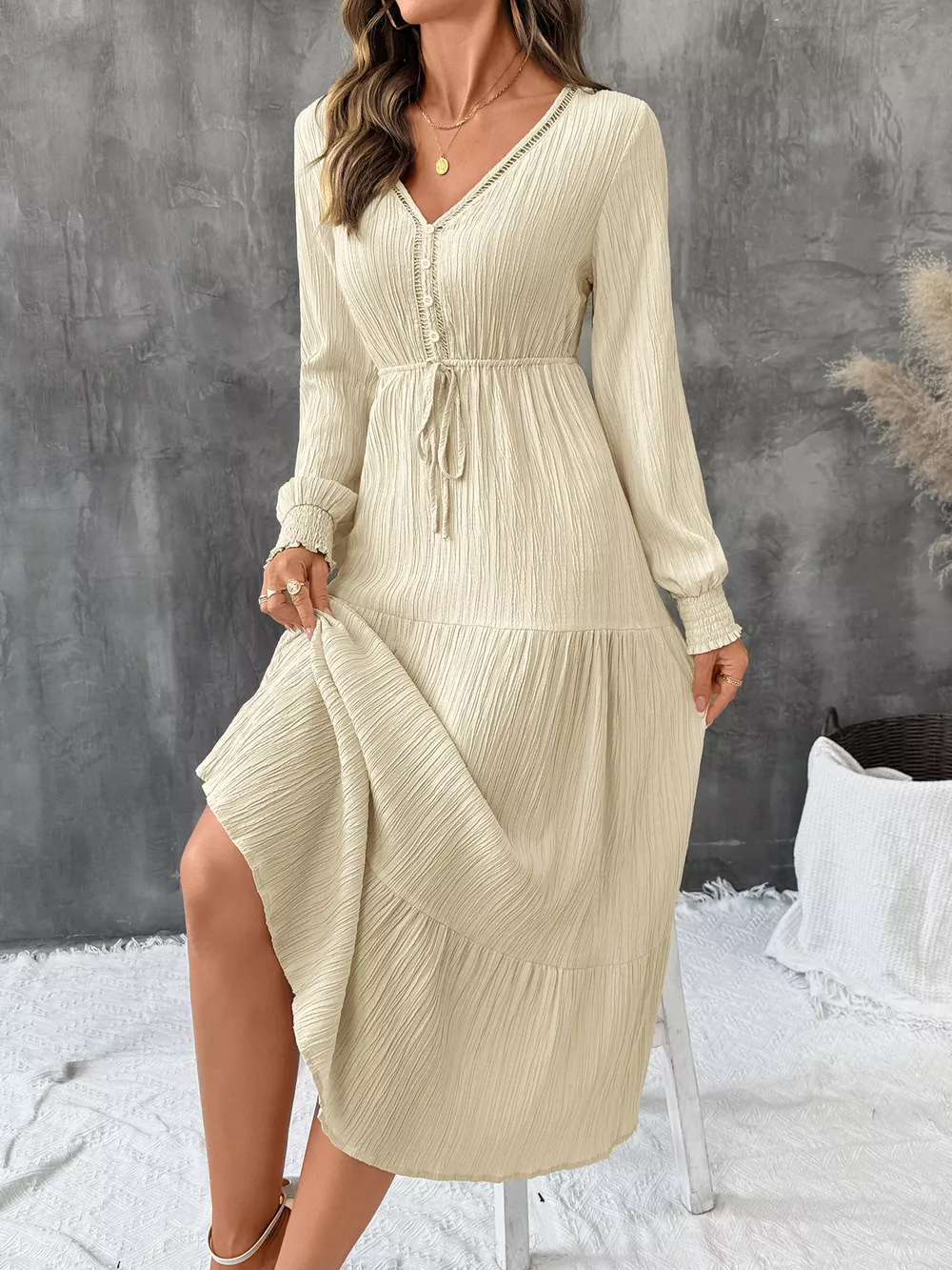 Tiered V-Neck Long Sleeve Dress, image 2