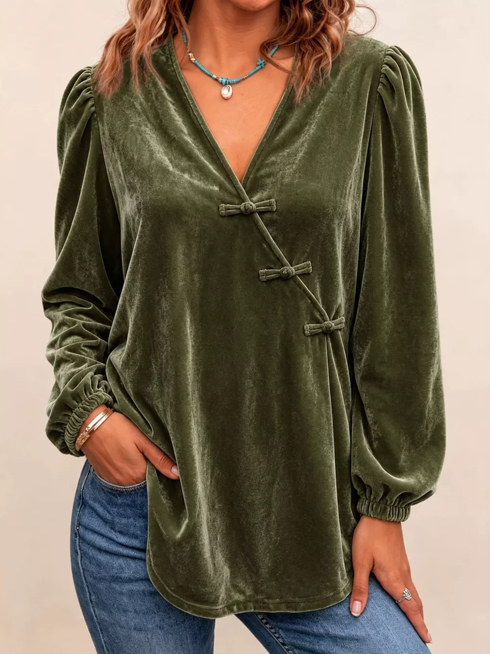Chinese-Style Knot Buttons Velvet Blouse, image 2