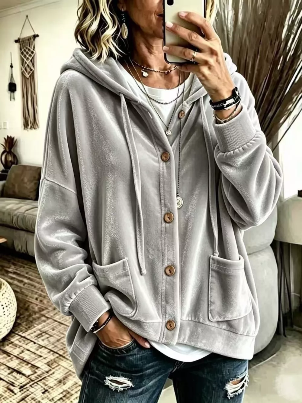 Full Size Casual Button-Down Hooded Outerwear Plus Size, image 15