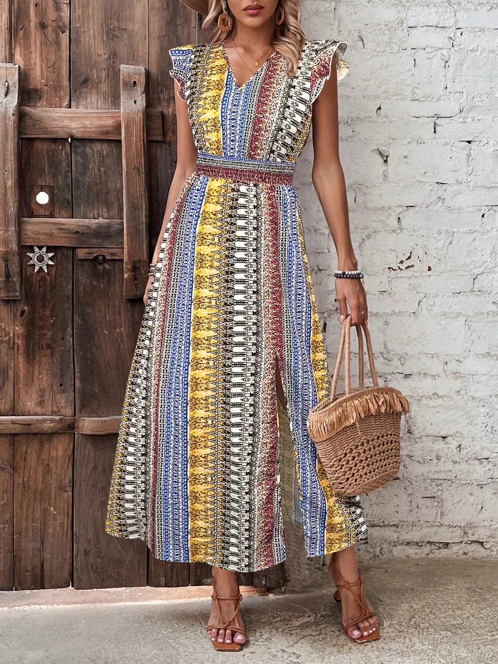 Boho Print Ruffle Sleeve Slit Dress, image 22