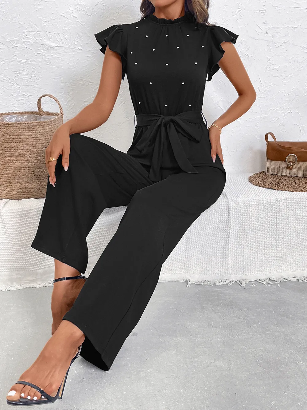 Pearl Detail Ruffled Cap Sleeve Jumpsuit, image 2