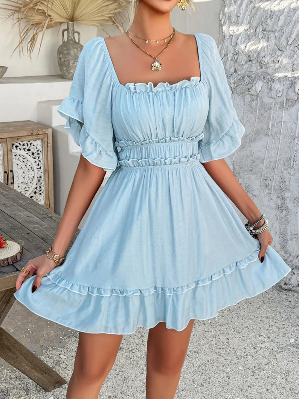 Square Neck Ruffle Trim Mini Dress, image 6