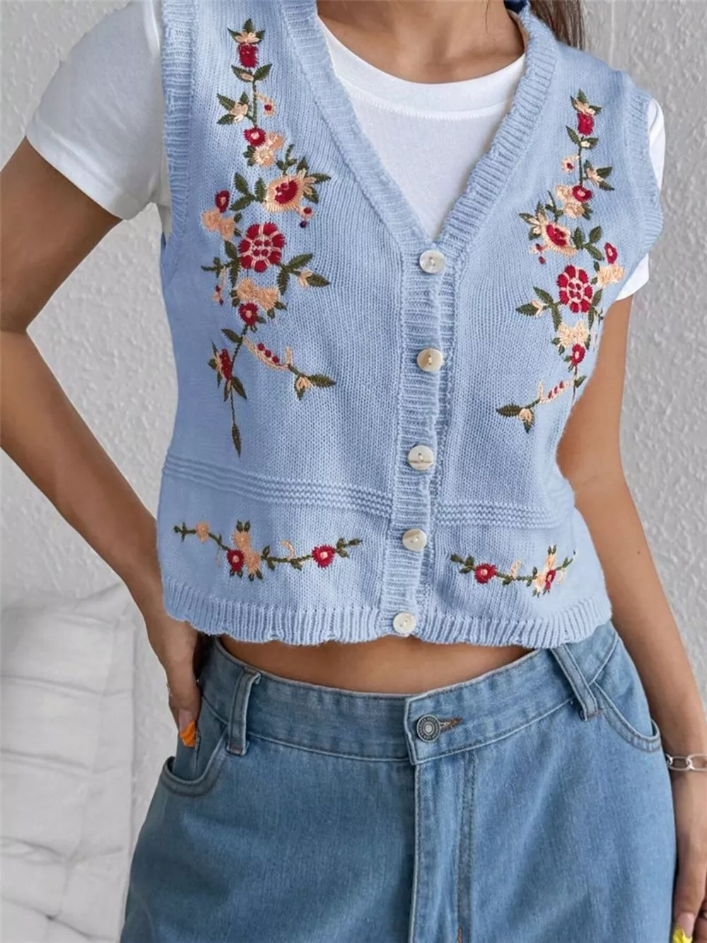 Embroidered Button Up Sweater Vest, image 7