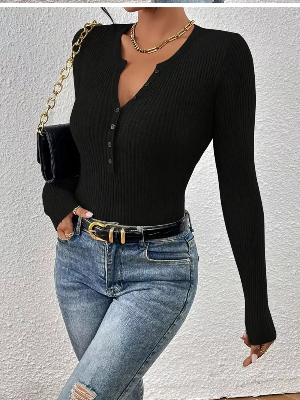 Ribbed Knit Button Front Knit Top, image 3