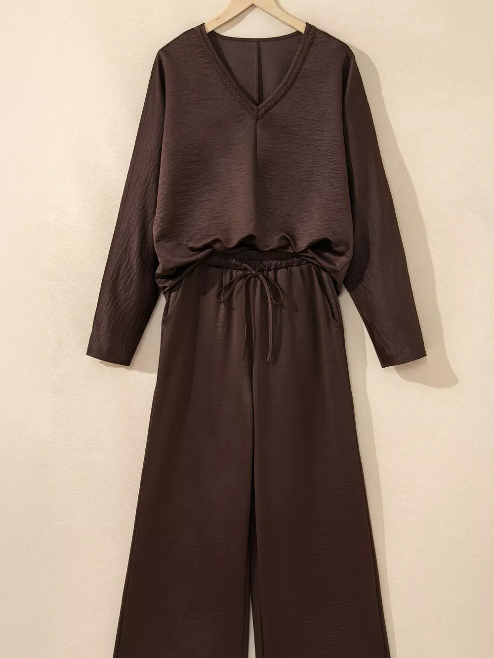 Braided V Neck Long Sleeve Loose Top and Drawstring High Waist Pants 2pcs Outfit, image 7
