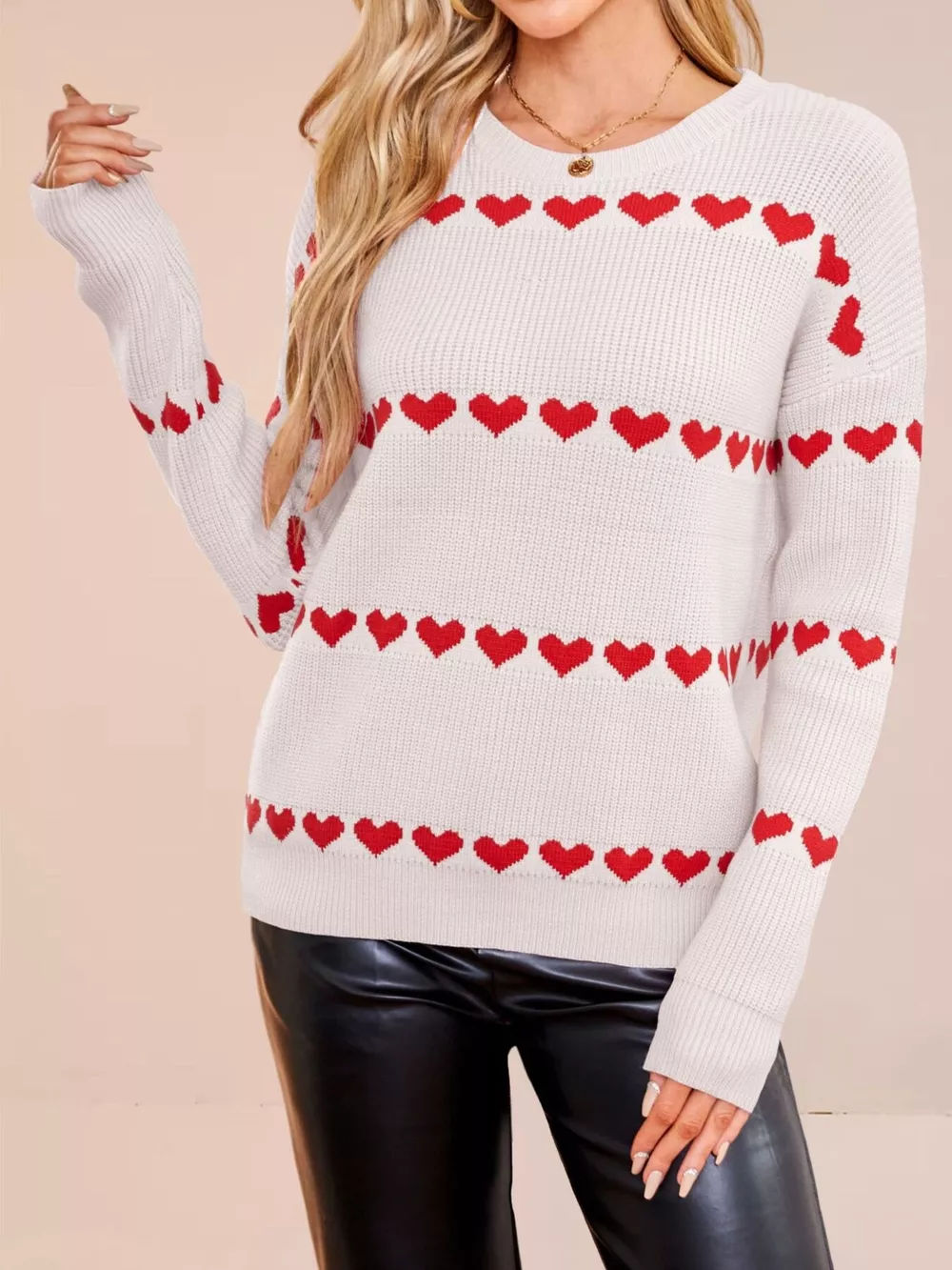 Heart Pattern Dropped Shoulder Sweater, image 5