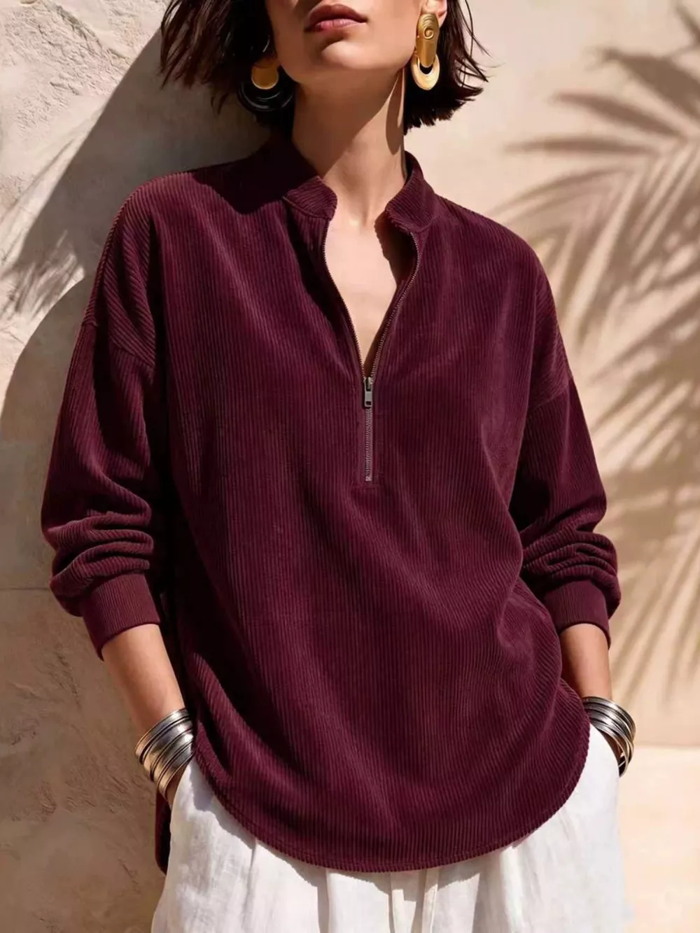 Full Size Half Zip Dropped Shoulder Corduroy Top Plus Size, image 9