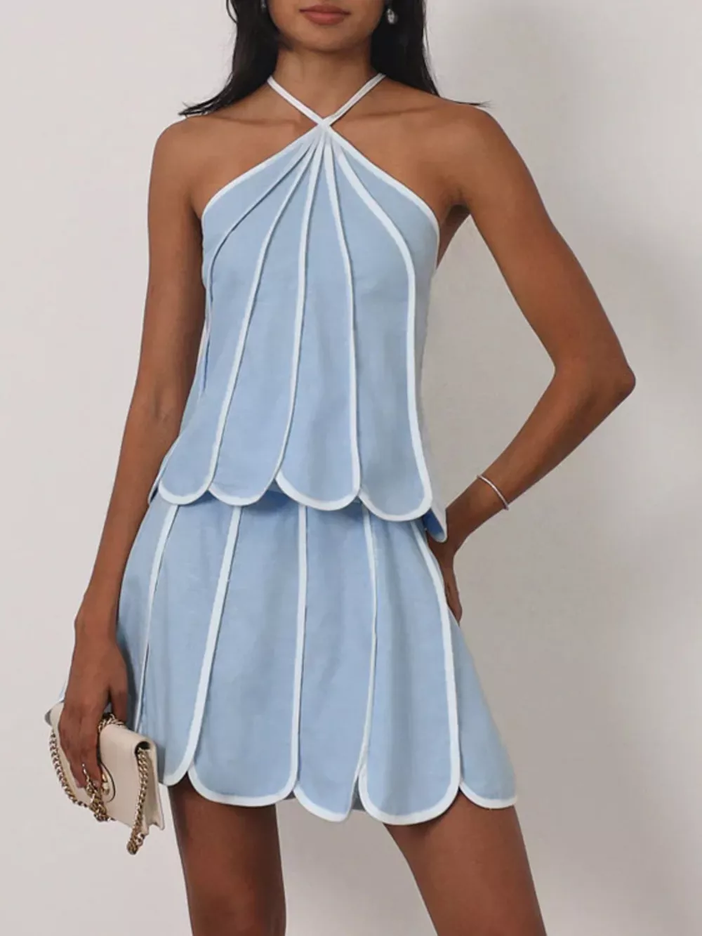 Contrast Trim Halter Neck Top and Skirt Set