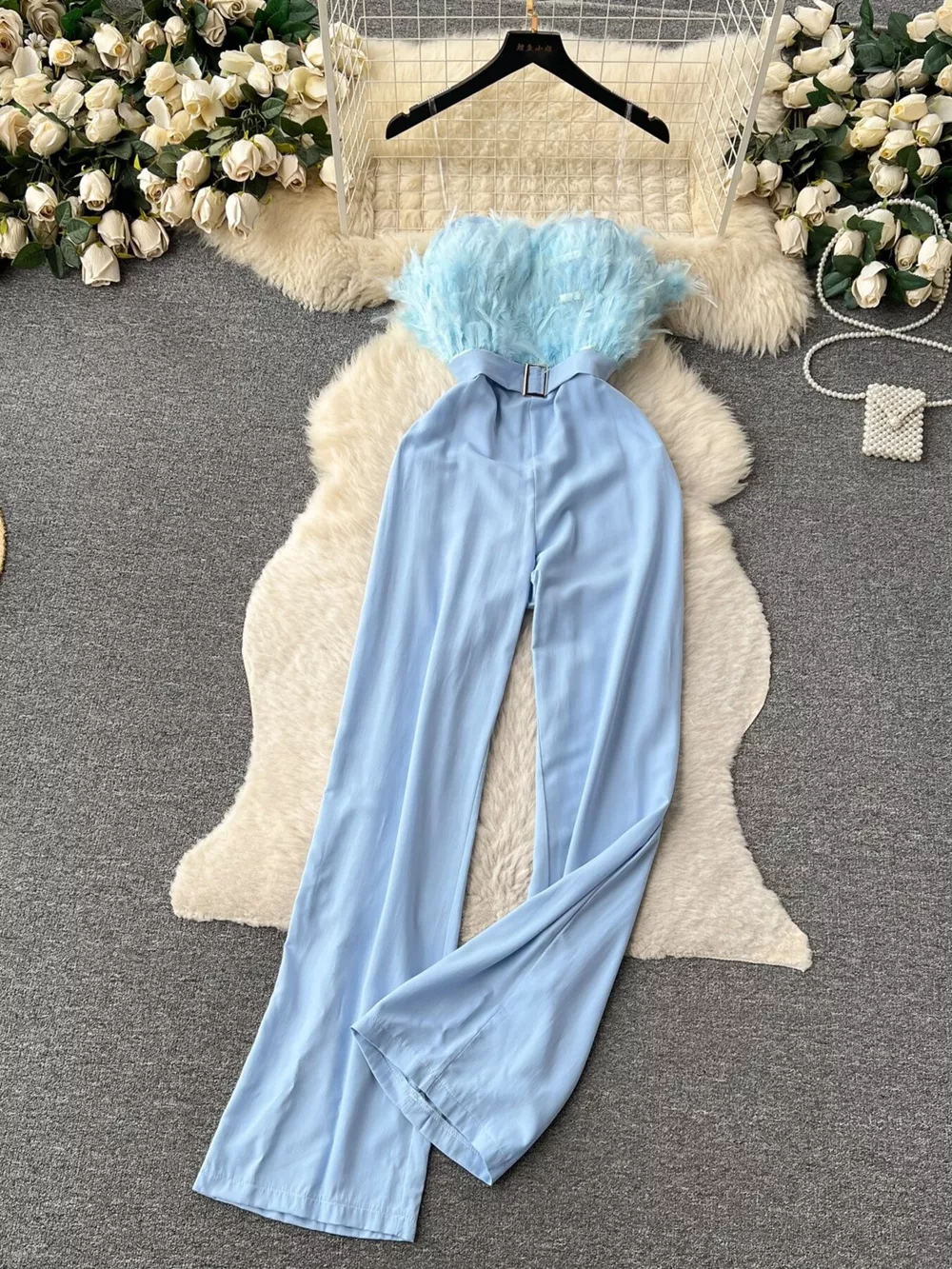 Feather Trim Strapless Wide Leg Jumpsuit, image 11