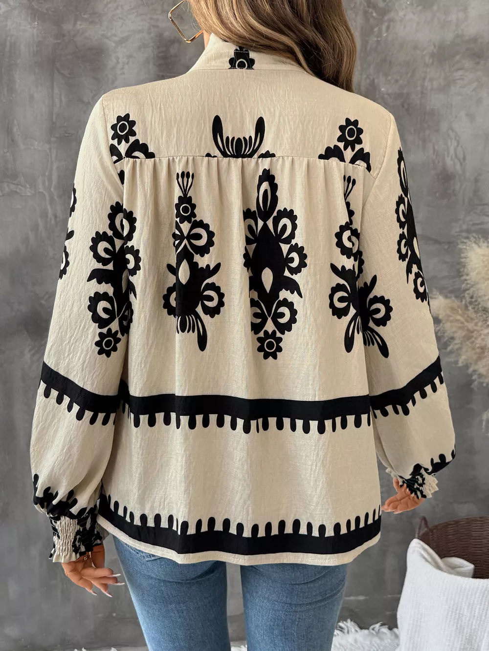 Printed Notched Lantern Sleeve Blouse, image 2