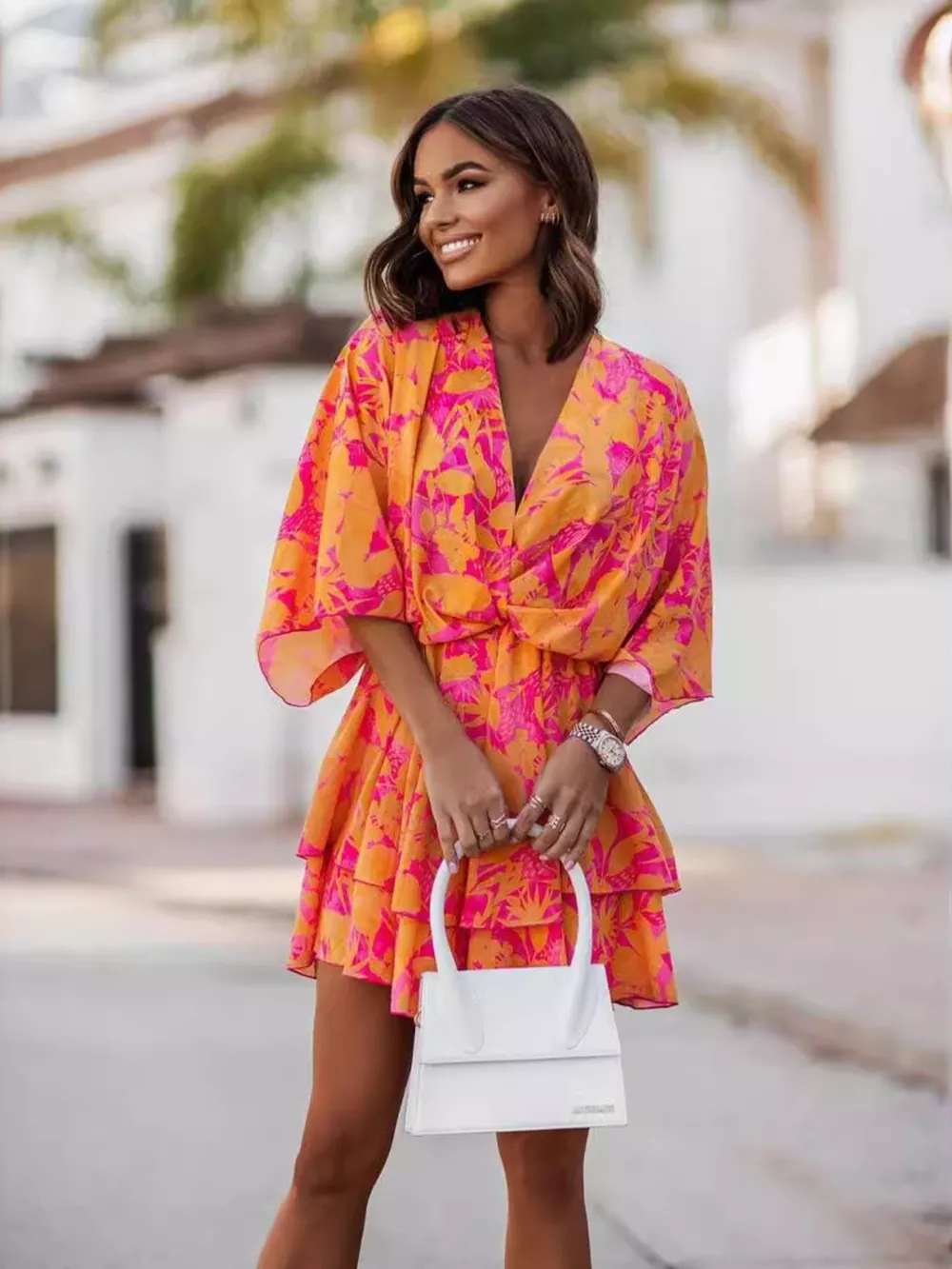Layered Printed Surplice Mini Dress, image 2